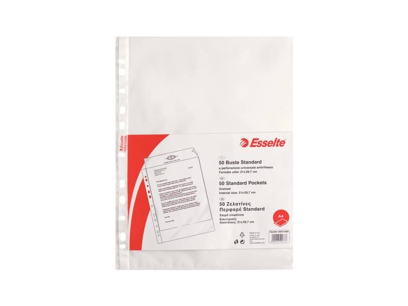 Buste a perforazione universale goffrate Esselte STANDARD PP antiriflesso trasparente A4  conf.50 – 395013300