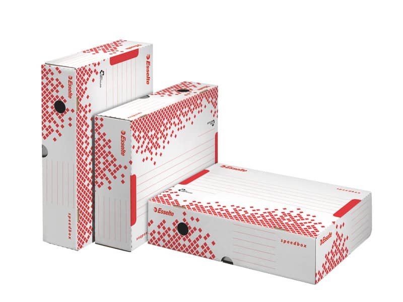 Scatola archivio Esselte SPEEDBOX dorso 8 cm bianco/rosso 8x25x35 cm – apertura ampia – 623910