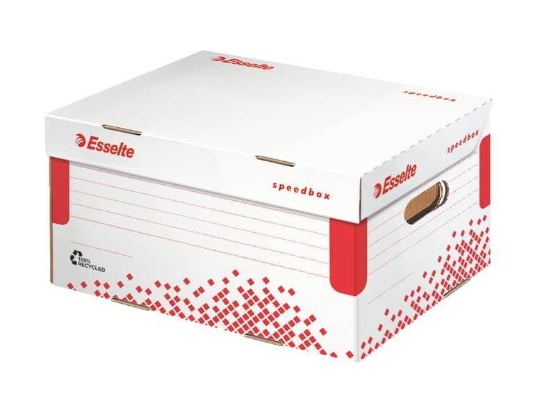 Scatola archivio Esselte SPEEDBOX con coperchio integrato bianco/rosso 25,2×19,3×35,5 cm – 623911
