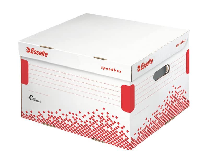 Scatola archivio Esselte SPEEDBOX con coperchio integrato bianco/rosso 32,5×26,3×36,7 cm – 623912