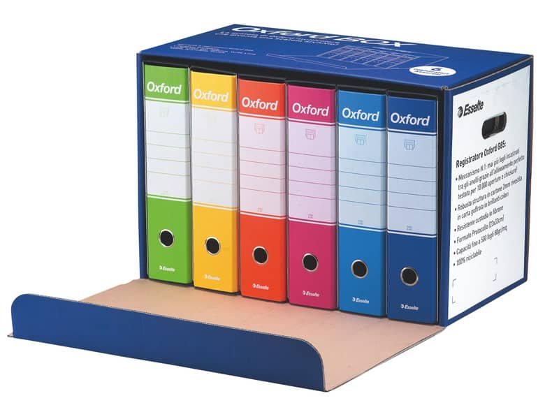 Registratori con custodia Esselte Oxford Box G85 protocollo 54,5×36,5 cm – dorso 8 cm assortiti conf. da 6 – 390785110