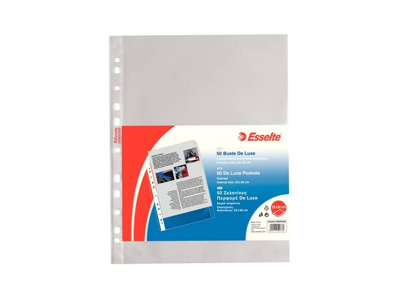 Buste a perforazione universale goffrate Esselte DELUXE 22×30 cm trasparente antiriflesso  conf.50 – 395097600