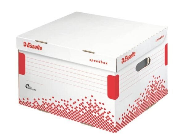 Scatola archivio Esselte SPEEDBOX con coperchio integrato bianco/rosso 36,4x26,3x43,3 cm - 623913