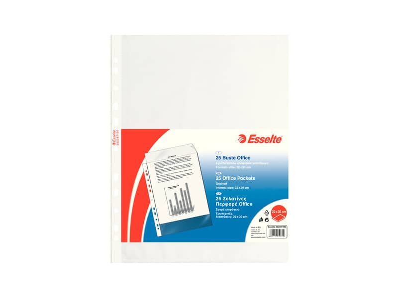 Buste a perforazione universale goffrate Esselte OFFICE PP antiriflesso 22×30 cm conf.25 – 392597100