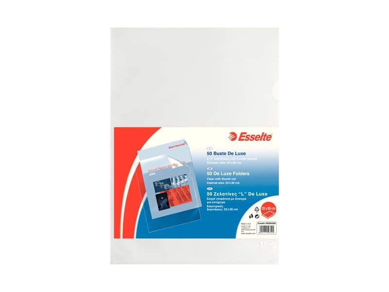 Buste a L non perforate Esselte DE LUXE 22×30 cm trasparente antiriflesso goffrata – conf.50 – 395084000