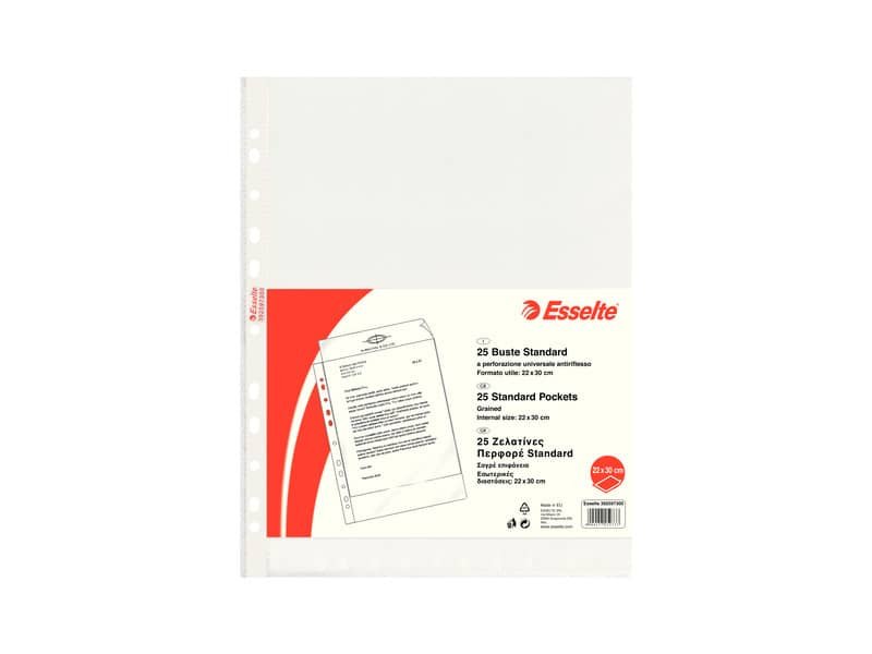 Buste a perforazione universale goffrate Esselte STANDARD PP antiriflesso 22×30 cm conf.25 – 392597300