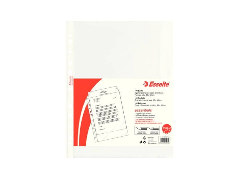 Buste a perforazione universale goffrate Esselte ESSENTIALS PP antiriflesso 22×30 cm conf.100 – 392797000