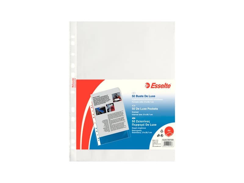 Buste a perforazione universale goffrate Esselte DELUXE 21×29,7 cm trasparente antiriflesso  conf. da 50 – 395074300