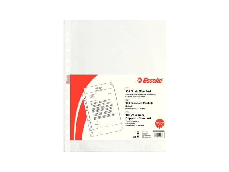 Buste a perforazione universale goffrate Esselte STANDARD PP antiriflesso 22×30 cm conf.100 – 391007300