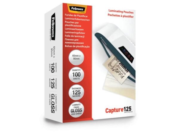 Pouches per plastificatrici Fellowes Standard Capture125 finitura lucida - 2x125 æm 65x95 mm Conf. 100 pz - 5306702