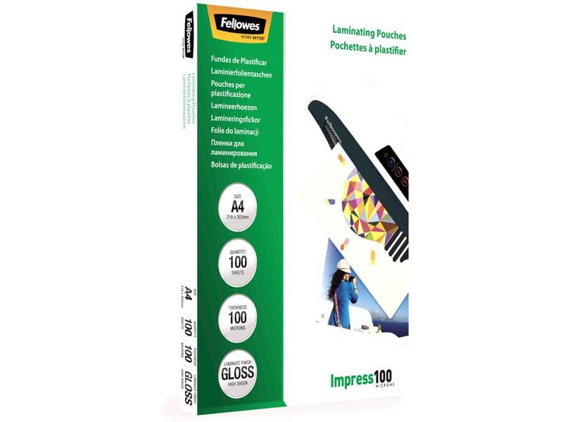 Pouches per plastificatrici Fellowes Standard Impress100 finitura lucida – 2×100 æm – A4 – Conf. 100 pezzi 5351111