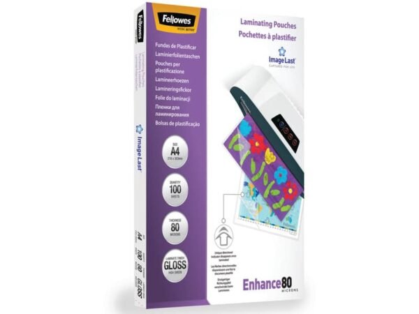 Pouches per plastificatrici Fellowes ImageLast Enhance80 finitura lucida - 2x80 æm - A4 - Conf. 100 pezzi - 5306114