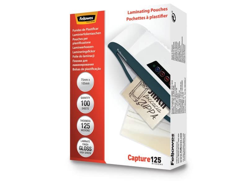 Pouches per plastificatrici Fellowes Standard Capture125 finitura lucida – 2×125 æm 75×105 mm Conf. 100 pz 5306901
