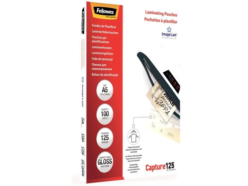 Pouches per plastificatrici Fellowes ImageLast Capture125 finitura lucida – 2×125 æm – A5 – Conf. 100 pezzi  5307302