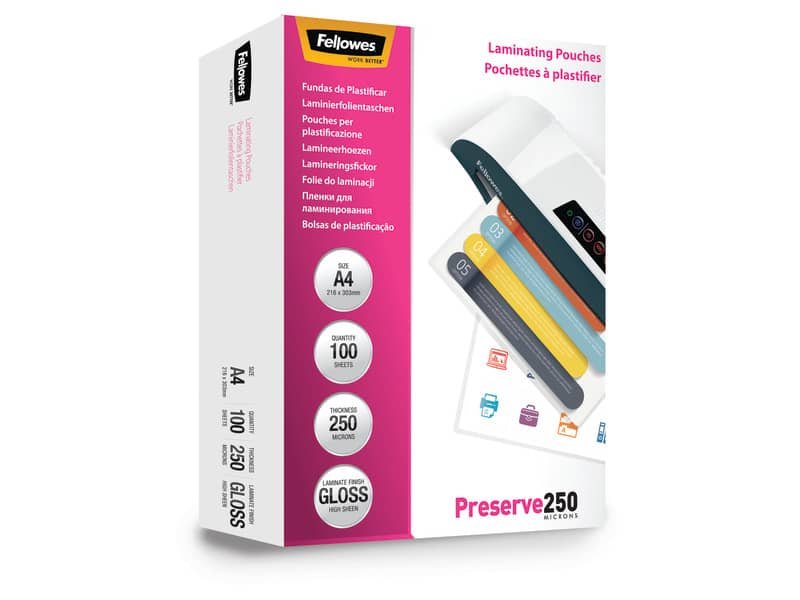 Pouches per plastificatrici Fellowes Standard Preserve250 finitura lucida – 2×250 æm – A4 – Conf. 100 pezzi 5401802