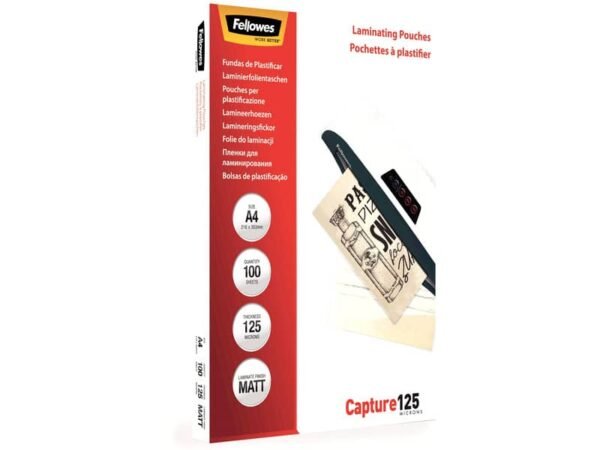 Pouches per plastificatrici Fellowes Standard Capture125 finitura opaca - 2x125 æm - A4 - Conf. 100 pezzi 5328502