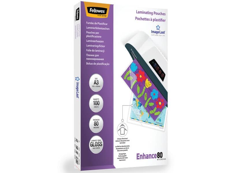 Pouches per plastificatrici Fellowes ImageLast Enhance80 finitura lucida – 2×80 æm – A3 – Conf. 100 pezzi – 5306207