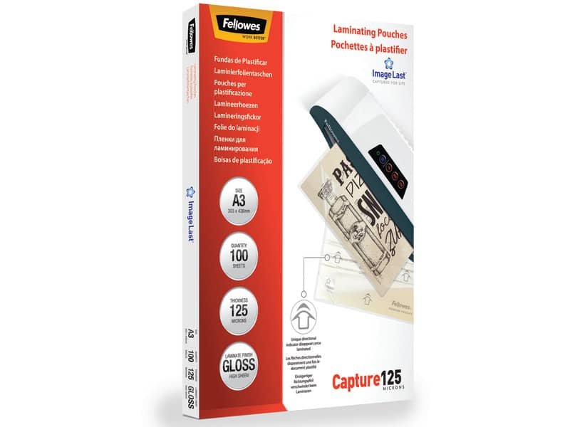 Pouches per plastificatrici Fellowes ImageLast Capture125 finitura lucida – 2×125 æm – A3 – Conf. 100 pezzi  5307506