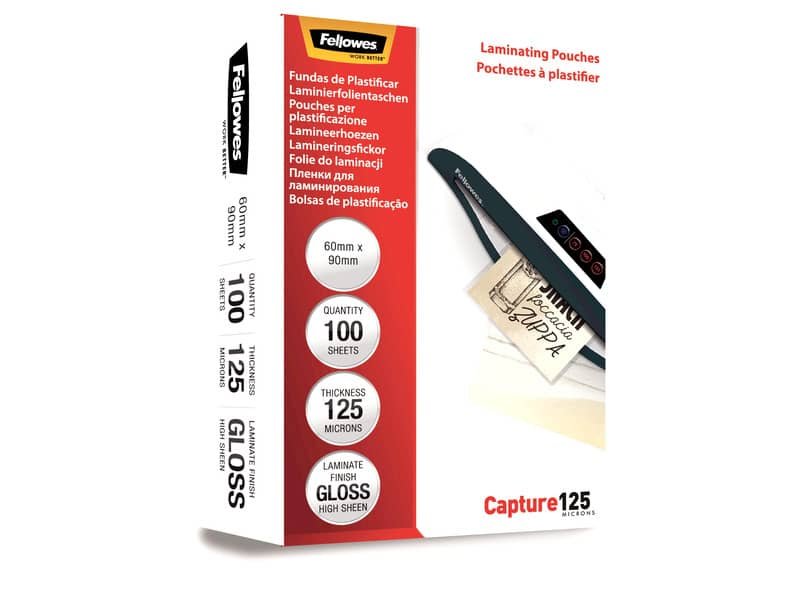 Pouches per plastificatrici Fellowes Standard Capture125 finitura lucida – 2×125 æm 60×90 mm Conf. 100 pz – 5397402