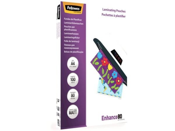 Pouches per plastificatrici Fellowes Standard Enhance80 finitura opaca - 2x80 æm - A4 - Conf. 100 pezzi - 5452103