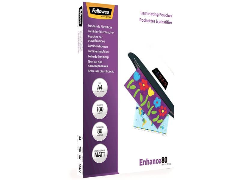 Pouches per plastificatrici Fellowes Standard Enhance80 finitura opaca – 2×80 æm – A4 – Conf. 100 pezzi – 5452103