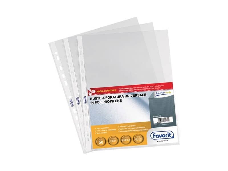 Buste trasp. a foratura universale FAVORIT buccia d’arancia superior 22×30 cm  conf. da 50 – 100460122