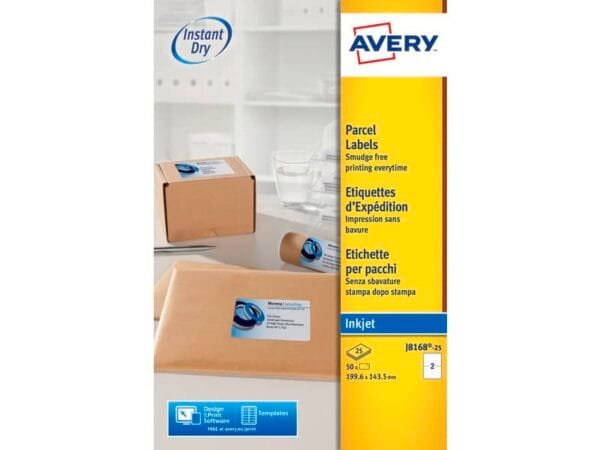 Etichette bianche per pacchi AVERY QuickDRY? 199,6x143,5 mm - 2 et/foglio - stampanti inkjet - cf. 25 fogli J8168-25