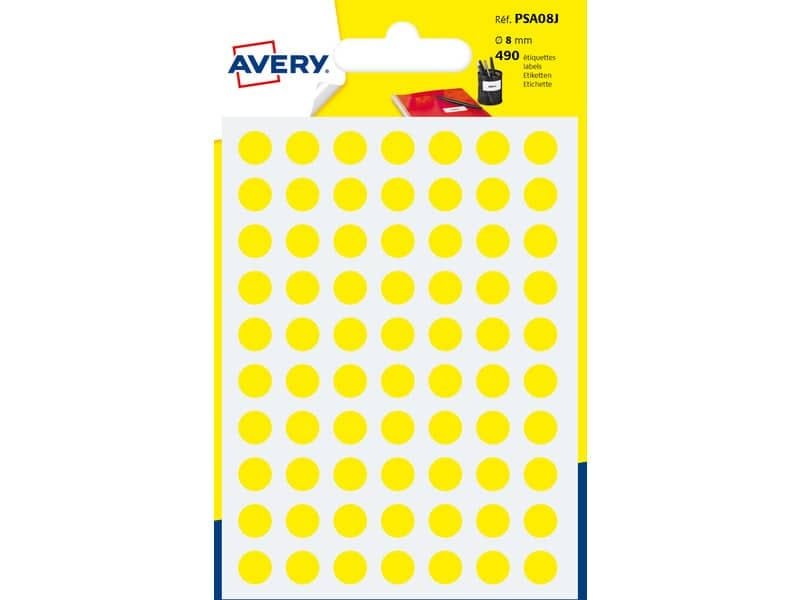Etichette rotonde colorate AVERY giallo  8 mm – 70 et/foglio – scrivibili a mano – bustina da 7 fogli – PSA08J