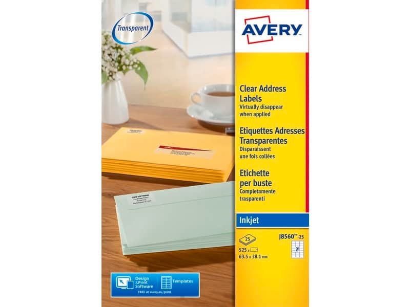 Etichette poliestere trasparenti opache AVERY QuickPEEL? 63,5×38,1 mm – 21 et/foglio – inkjet conf. 25 ff J8560-25