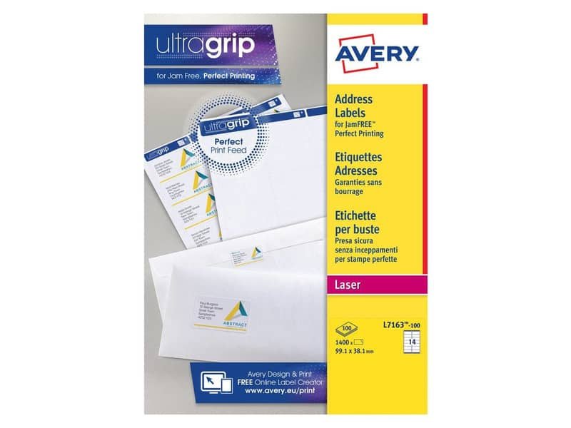Etichette bianche per indirizzi AVERY Ultragrip? 99,1×38,1 mm – 14 et/foglio – stampanti laser cf. 100 fogli L7163-100