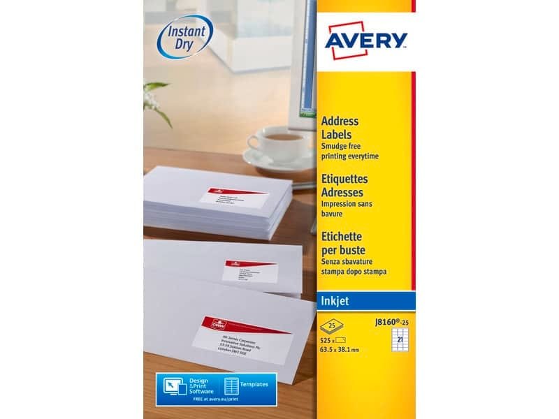 Etichette bianche per buste AVERY QuickDRY? 63,5×38,1 mm – 21 et/foglio – stampanti inkjet – cf. 25 fogli J8160-25