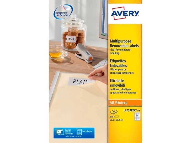 Etichette bianche rimovibili AVERY 63,5×29,6 mm – 27 et/foglio – stampanti laser/inkjet Conf. 25 fogli L4737REV-25