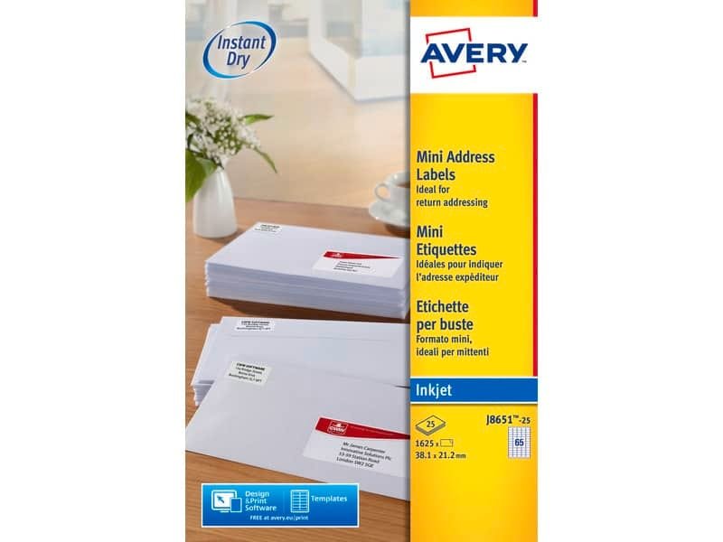 Etichette bianche per buste AVERY QuickDRY? 38,1×21,2 mm – 65 et/foglio – stampanti inkjet – cf. 25 fogli J8651-25
