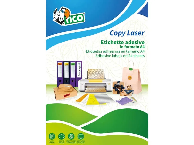 Etichette bianche con angoli arrotondati TICO Copy Laser Premium 210×148 mm – 2 et./foglio – conf. 100 fogli LP4W-210148