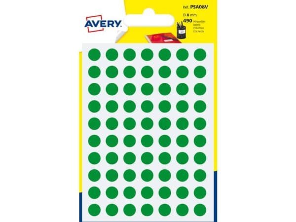 Etichette rotonde colorate AVERY verde  8 mm - 70 et/foglio - scrivibili a mano - bustina da 7 fogli - PSA08V