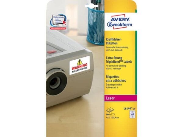 Etichette bianche superaderenti Avery poliestere 45,7x25,4 mm - 40 et/foglio - per laser - conf. 20 fogli - L6140-20