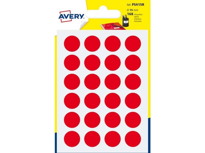 Etichette rotonde colorate AVERY rosso  15 mm – 24 et/foglio – scrivibili a mano – bustina da 7 fogli – PSA15R