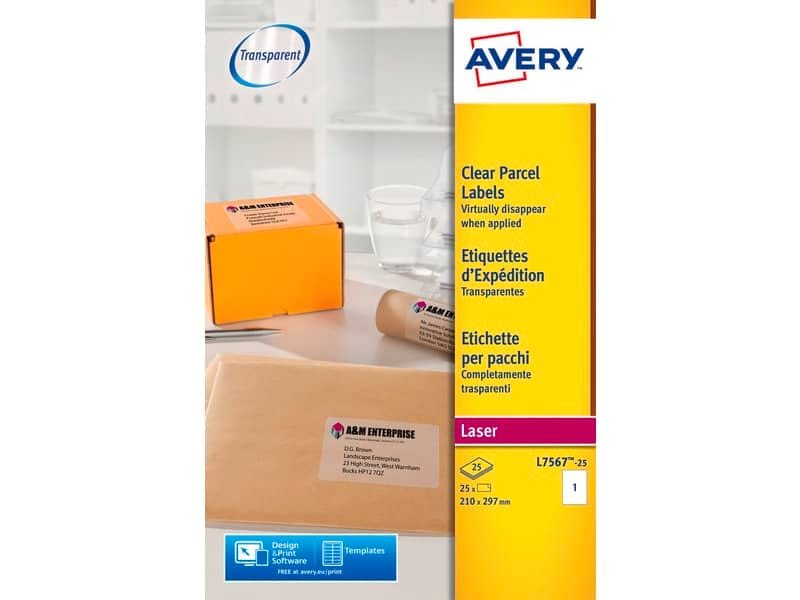 Etichette poliestere trasparenti lucide AVERY QuickPEEL? 210×297 mm – 1 et/foglio – laser conf. 25 ff L7567-25