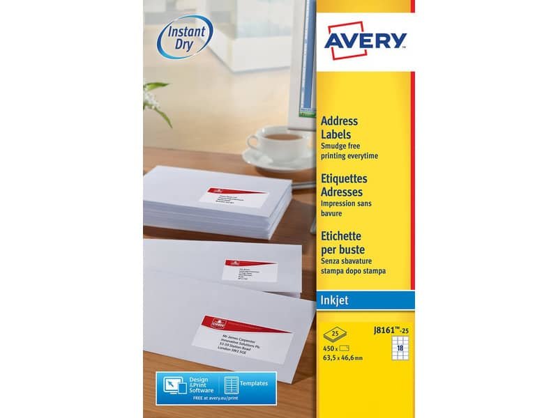 Etichette bianche per buste AVERY QuickDRY? 63,5×46,6 mm – 18 et/foglio – stampanti inkjet – cf. 25 fogli J8161-25