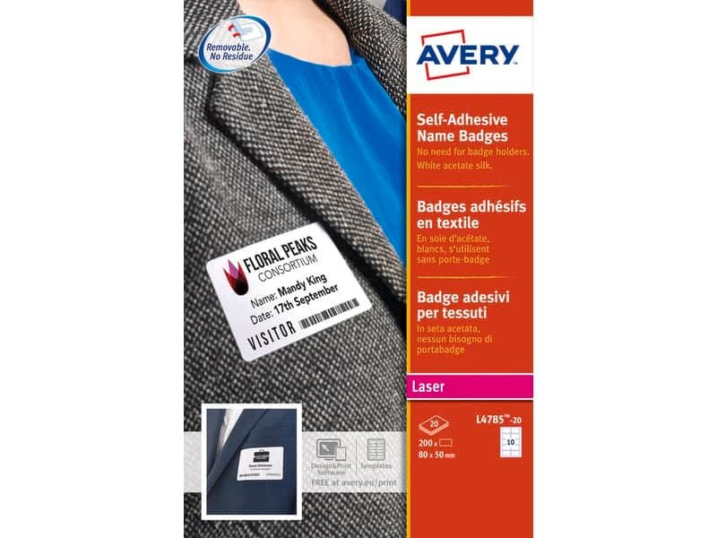 Badge adesivi in seta acetata AVERY 80 x 50 mm 20 fogli – L4785-20