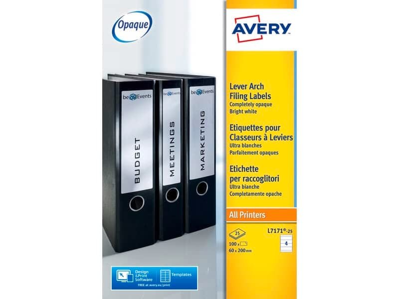 Etichette bianche per raccoglitori Avery Ultragrip? 60×200 mm – 4 et/foglio – stampanti laser – Conf 25 fogli L7171-25