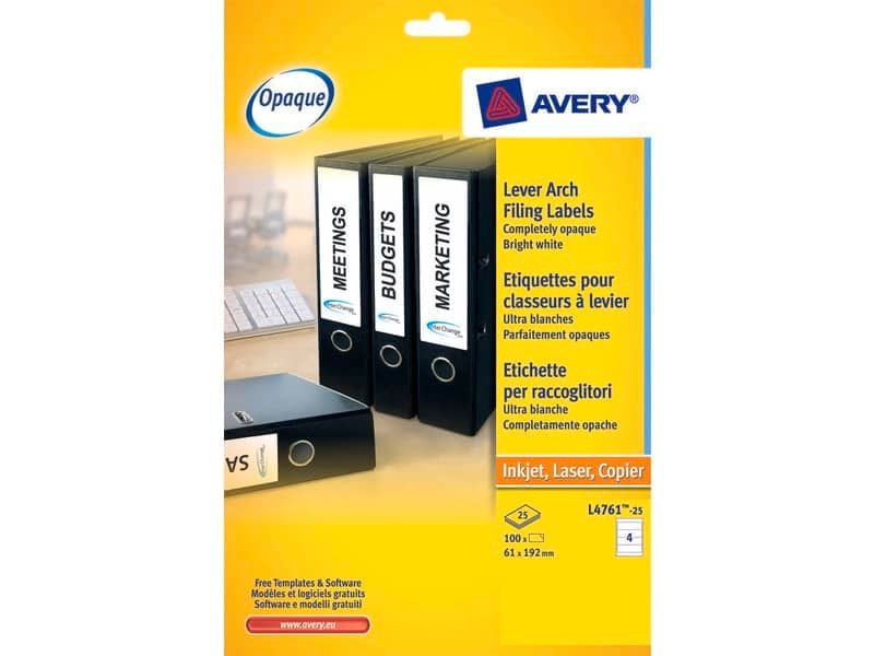 Etichette bianche per raccoglitori Avery Ultragrip? 61×192 mm – 4 et/foglio – stampanti laser – Conf 25 fogli L4761-25