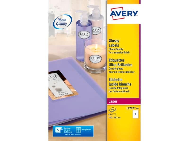 Etichette bianche lucide Avery 210×297 mm 1 et./foglio – per stampanti laser – conf. 40 fogli – L7767-40