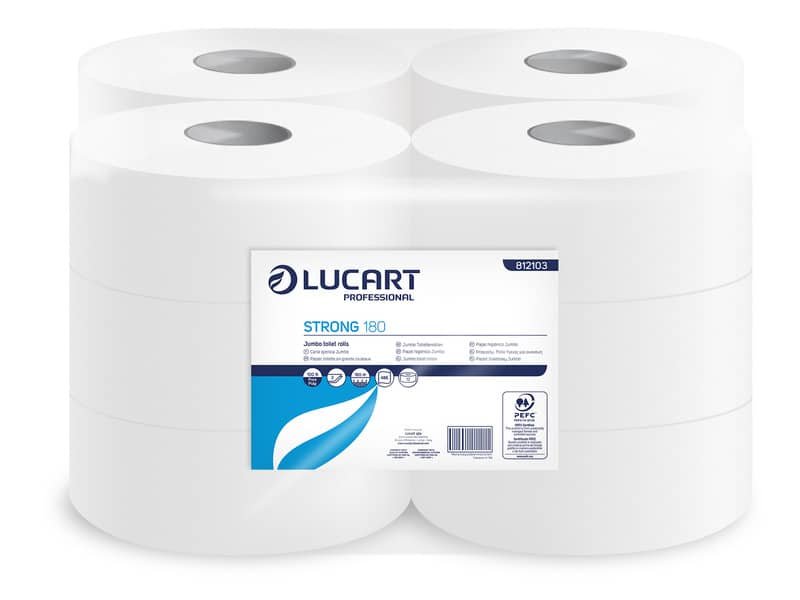 Carta igienica Lucart Strong 180 m mini jumbo 2 veli 12 rotoli da 486 strappi – 812103U