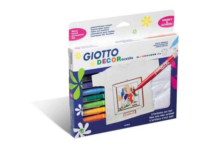 Pennarelli per tessuti GIOTTO Decor Textile tratto fine 1-3 mm assortiti astuccio da 8 + t-shirt bianca – 494500