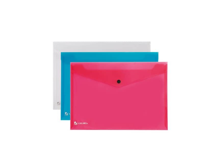 Buste con bottone King Mec Pull A4 21×29,7 cm assortiti blu, rosso e trasparente – 111355
