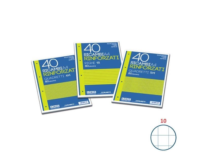 Ricambi rinforzati Blasetti in carta bianca usomano con 4 fori rinforzati in plastica 80 g/mý A4 10M  conf.40 – 2335