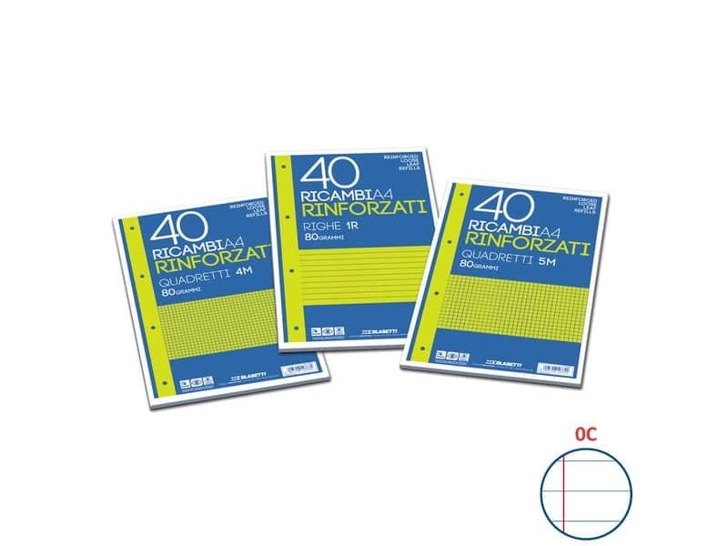 Ricambi rinforzati Blasetti in carta bianca usomano con 4 fori rinforzati in plastica 80 g/mý A4 C  conf.40 – 2332