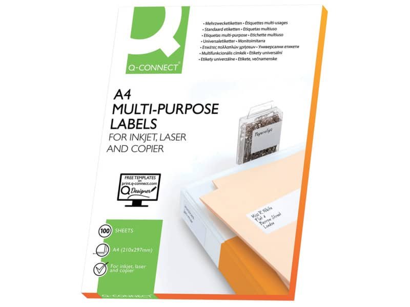 Etichette universali Q-Connect bianco 210×297 mm – 1 et./foglio – conf. da 100 fogli – KF10664