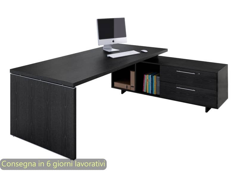 Scrivania manageriale nero venato frassino 225x170x74 cm gamba a pannello con mobile portante Flora – 902RIT/8